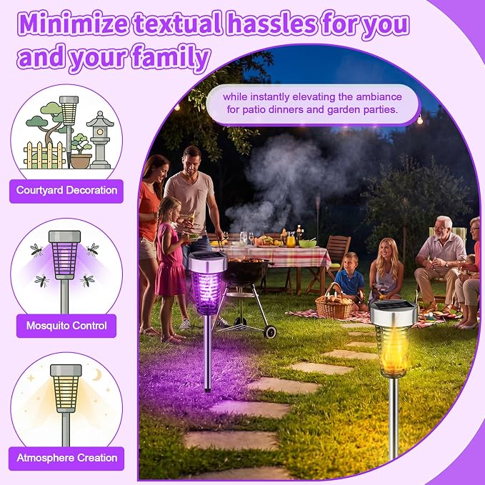 Qualirey 4 Pack Solar Bug Zapper Outdoor Waterproof Mosquito Repellent Killer Bug Zapper Lamp with LED Light for Outdoor Garden Patio Yard (Purple and Flame Light,Silver)