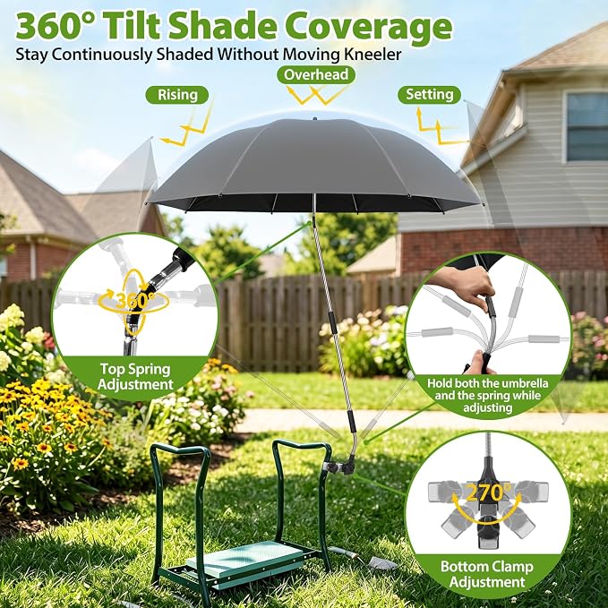 Garden Kneeler Umbrella,42” Large Chair Umbrella with Universal Clamp, 360°Swivel and UPF 50+ Protection,Folding Clip on Umbrellas for Garden Seat Bench Beach Chairs Strollers Golf Carts, NO KNEELER