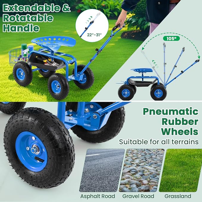 IRONMAX Garden Cart with Seat, Gardening Rolling Stool Scooter with 10’’ All-Terrain Wheels, Adjustable Steering Handle, Tool Tray and Basket, Outdoor Work Seat for Planting (Blue)