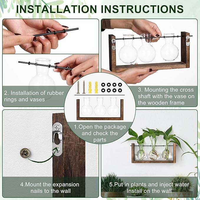 YIBOT Wall Hanging Planter Propagation Station 3 Bulb Glass Flower Vase | Plant Terrarium with Wooden Stand, Hydroponics Plants, Bathroom, Home Office Living Room Decor Gift