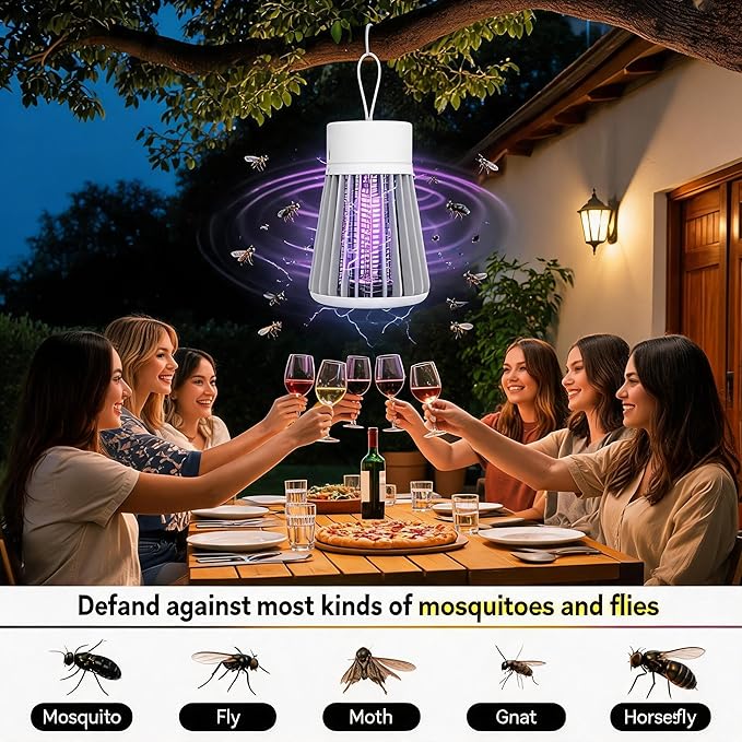 Bug Zapper Outdoor and Indoor Rechargeable 2 in 1 Wireless Mosquito Killer Lamp 1200mAh Electric Trap Ideal Bug Zapper Indoor for Patio, Home, Backyard, Yard, Garden, Campsite