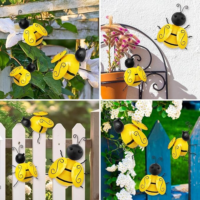 HKKDKTA Metal Outdoor Wall Art Decor, 6 PCS Bumble Bee Decor Outdoor Wall Decors, Fence Decorations Outdoors Metal Garden Decors Outdoors Decorations for Yard Art Home