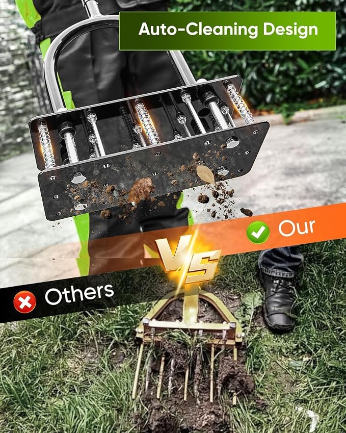 Lawn Aerator Tool, Lawn with 16 Iron Spikes, Automatic Leaf and Dirt Cleaning with Spring-Loaded Design, Metal Manual Aerator for Loosening Soil Aerating Patio, Yard, Garden Black