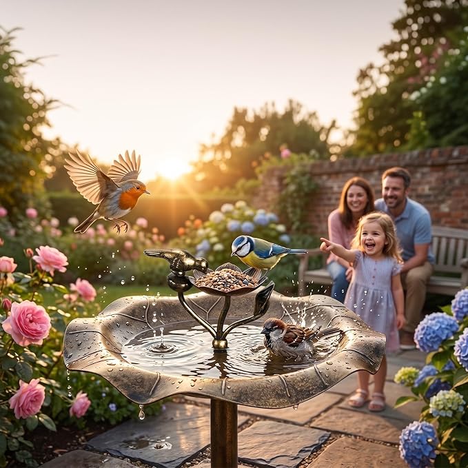 VINGLI Pedestal Bird Bath 28 Inch Antique Copper Resin Birdbaths Weather Resistant Floral Accents and Vintage Finish Garden Decor for Outdoor Lightweight Courtyard… (Copper-with Bird Feeder)