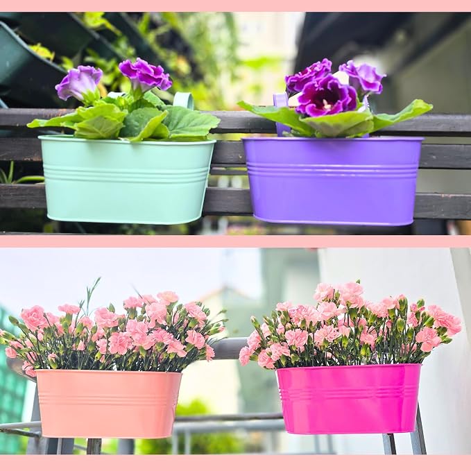 LaLaGreen Rail Planter (11.8 Inch, 6 Pack) Colorful Metal Hanging Flower Pots Railing Fence Balcony Gardening for Apartment Patio Planters Modern Garden Style Iron Outdoor Decoration Porch Decor