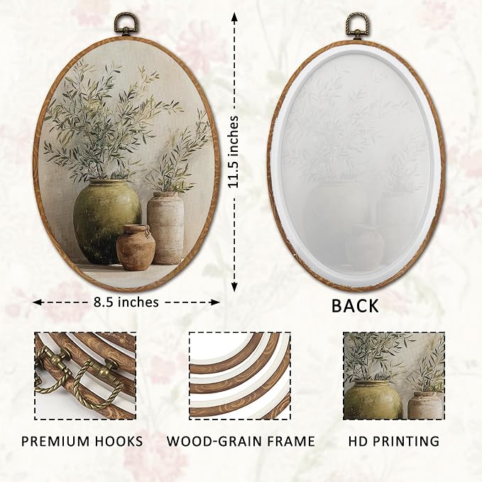 DOFQZ Vintage Olive Branch Oval Wall Art Decor, Neutral Modern Organic Framed Wall Art, Cottagecore Olive Tree Walls Hanging Decor for Farmhouse Kitchen Home, 8.5x11.5 Inch
