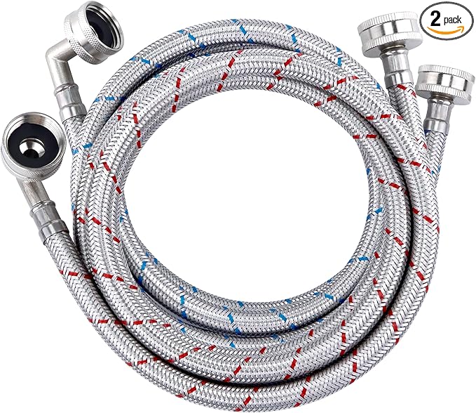 Washer Hose 6ft,Stainless Steel Washing Machine Hose 6 Foot with 90 Degree Elbows 2 Packs Braided Premium Washer Hoses Supply Lines-Hot and Cold Striped Water Connection-by MIFLUS,10 YEARS WARRANTY