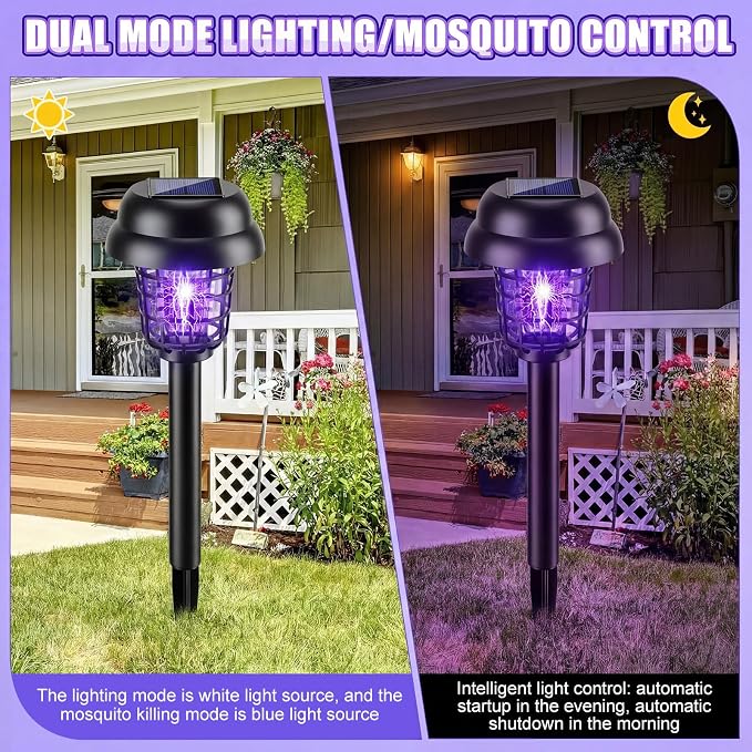 Qualirey 12 Pcs Solar Mosquito Zapper Outdoor Waterproof Solar Powered Bug Zapper Outdoor Mosquito Killer Lamp Trap Repellent Light for Garden Yard Insect (Purple and White Light,Black)