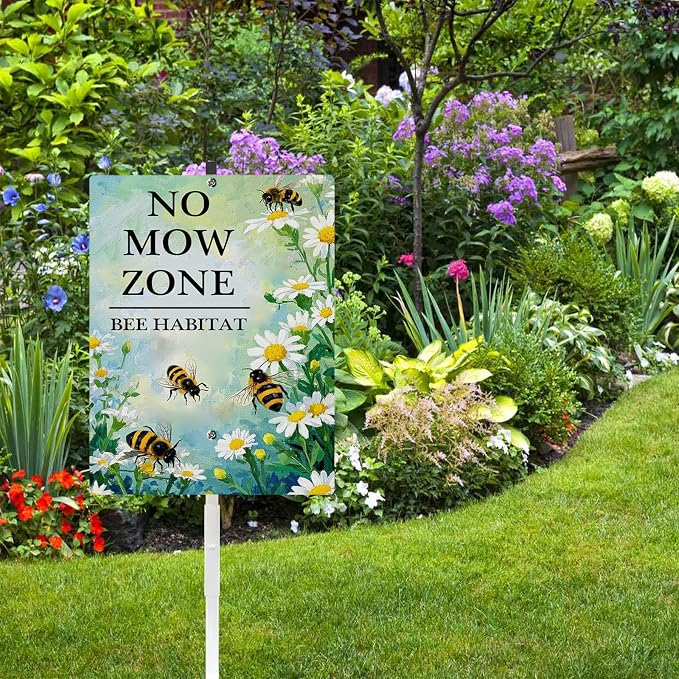 Pollinator Garden No Mow Zone Bee Habitat Yard Sign With Stakes Do Not Mow Save Bees Garden Stake Reflective Rustproof Aluminium No Mow May Signs Outdoor 8X12 IN