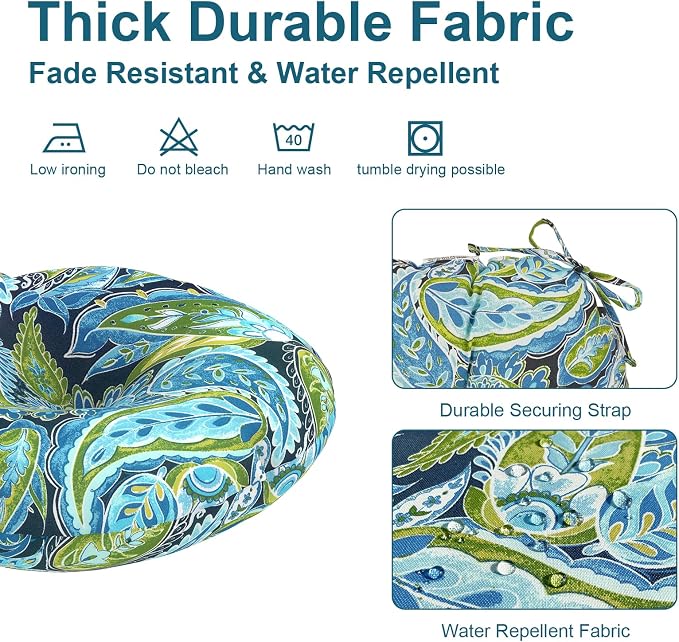DYTXIII Set of 2 Outdoor Round Chair Cushions 15"x15"x4" with Ties, Water Repellent Tufted Bistro Seat Cushions, Thick Patio Chair Pads for Bar Stool, Garden & Dining Furniture - Paisley Lapis Green