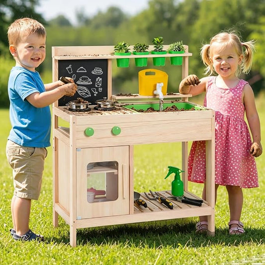 HONEY JOY Mud Kitchen with Running Water, Fir Wood Play Kitchen for Toddlers, 4 Planter Pots w/Accessories, Chalkboard, Sink & Faucet, Outdoor Kids Kitchen Playset for Garden Fun (4 Planter Boxes)