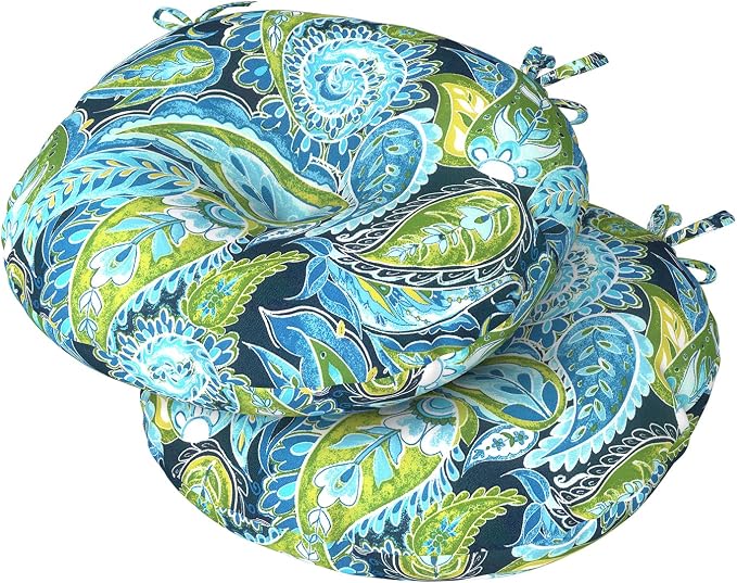 DYTXIII Set of 2 Outdoor Round Chair Cushions 15"x15"x4" with Ties, Water Repellent Tufted Bistro Seat Cushions, Thick Patio Chair Pads for Bar Stool, Garden & Dining Furniture - Paisley Lapis Green