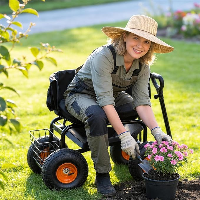 Rolling Garden Seat with Wheels, Adjustable 360° Swivel Workseat and Storage Basket, Extendable Handle, Outdoor Gardening Wagon Scooter