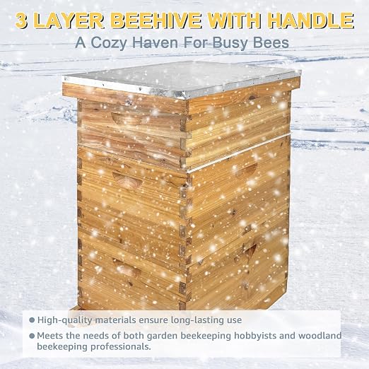 10 Frame Beehive Boxes, 3 Layer Langstroth Bee Hive Kit with 2 Deep Brood and 1 Medium Honey Super, 100% Beeswax Coated Wood Bee House, Professional Beekeeping Supplies - No Frames