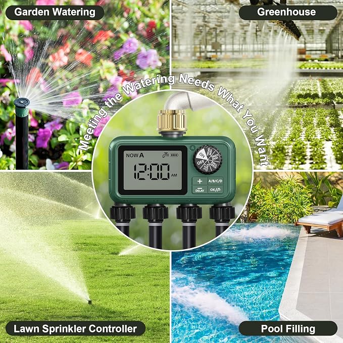 Water Timer for Outdoor Garden Hose, Sprinkler Timer for Garden Faucet with Auto/Manual/Rain Delay Mode, Sprinkler Irrigation Controller for Yard Lawn (4 Zones Brass Inlet)