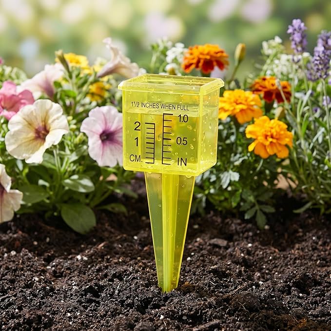 Housoutil 2Pcs Rain Gauge Sprinkler Outdoor, 1.5 Inch Lawn Water Gauge, Measuring Tool for Accurate Rainfall Monitoring, Yellow Precision Measuring Cups for Garden Yard and Grass Watering