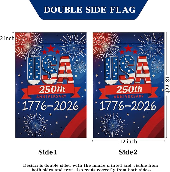250 Anniversary USA Garden Flag, 250th Anniversary America Flag 1776-2026 Commemorative Patriotic 250 Year Banner 4th of July Yard Sign Double-Sided Waterproof Garden Flag 12x18 Inch