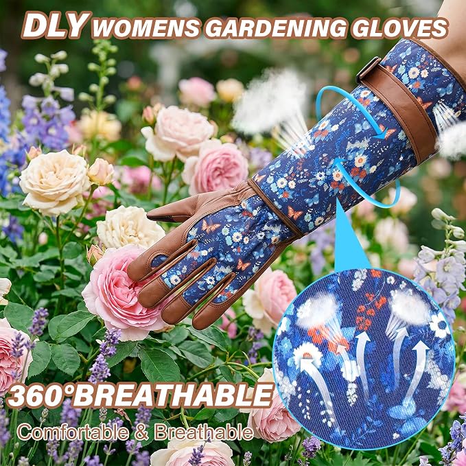 DLY Gardening Gloves for Women, Rose Gloves Thorn Proof, Long Garden Gloves for Women, Breathable Cowhide (Medium, Brown)