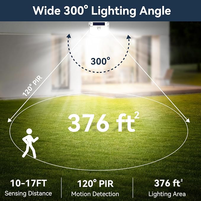 TECKNET 231 LED Solar Motion Lights Outdoor, 300° Angle & 3 Lighting Modes, PIR Motion Sensor & IP65 Security Solar Wall Lights for Fence Front Door Yard Deck Garden Garage(4 Pack)