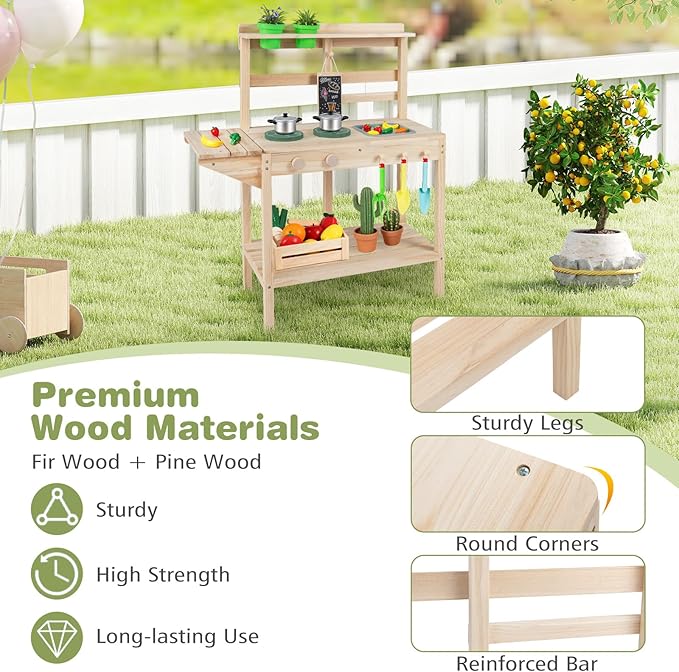 Costzon Mud Kitchen, Solid Wood Potting Bench w/2 Flowerpots, Blackboard, Sink, 2 Stoves, Outdoor Pretend Play Set for Toddlers 3+ Years, Mud Kitchen for Kids Outdoor, Gift for Girls & Boys