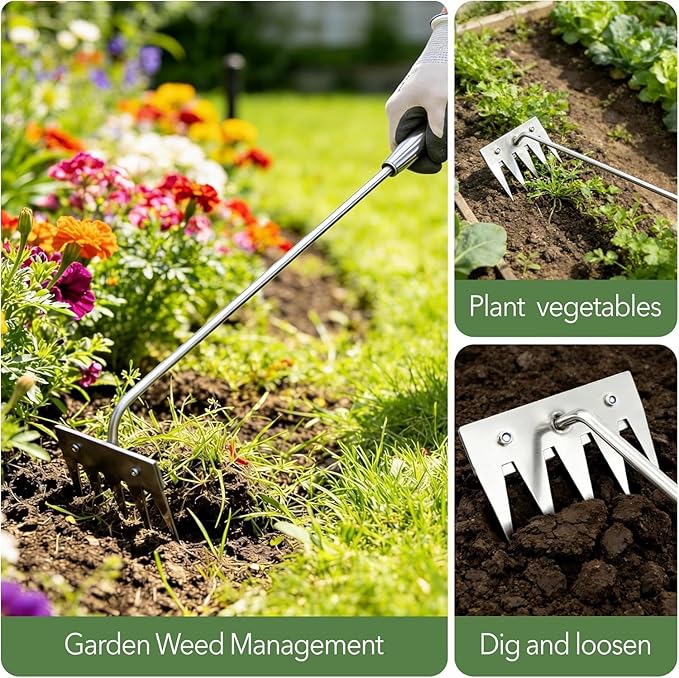 2Pcs Weed Puller Tool - 2026 Portable Manual Weeding Tools Gardening, 5 Teeth Head Stainless Steel Hand Garden Weeding Rake, Weed Remover Tool for Gardening Backyard Yard Farm Planting