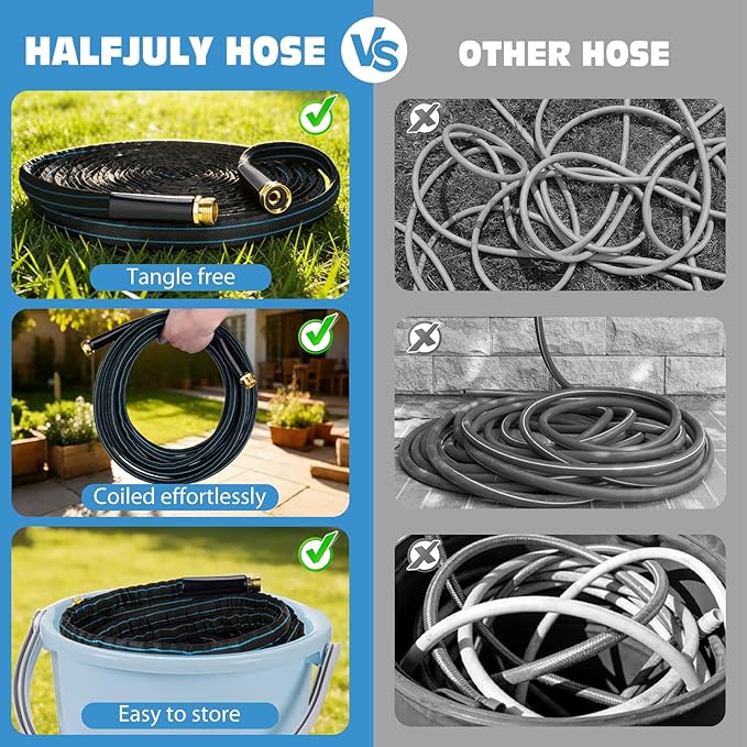 Halfjuly Garden Hose 100FT, Flat Non-Expandable Lightweight Water Hose, Durable Flexible Heavy Duty No Kink Design with 3/4" Fittings, 10 Way Spray Nozzle for Outdoor Yard Lawn