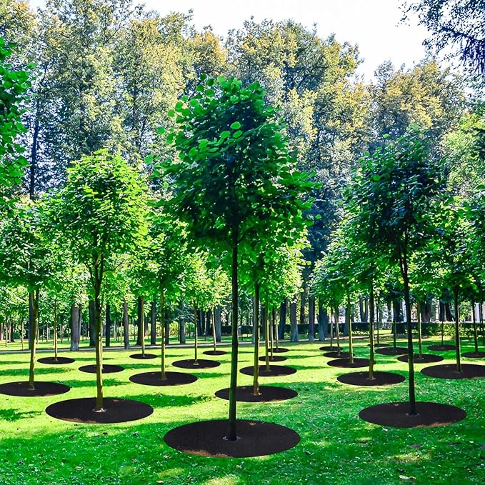 20Pack Non-Woven Tree Mulch Ring 10.6 Inch Tree Rings for Weed Control, Root Protection, Reusable Mat with 20 Staples Stakes, Round Ring Grass Pets Damage