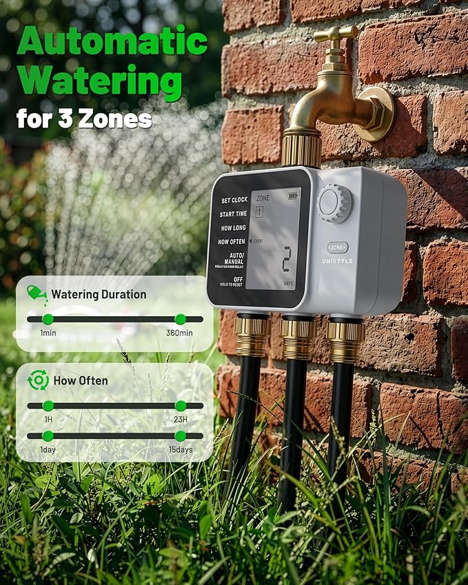 [All-New 2027] 3 Zone Sprinkler Timer with Brass Inlet, Unistyle Water Timer for Garden Hose with Rain Delay/Manual Watering/Automatic Irrigation, Hose Timers with Large LCD for Yard and Lawn Patio