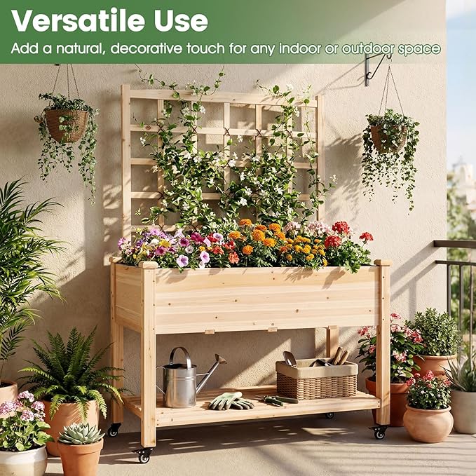 Giantex 65'' Wooden Raised Garden Bed w/Trellis on Wheels Set 2, Mobile Elevated Planter Box w/Legs, Liner & Drainage Holes for Climbing Plant Vegetable Herb Flower, Outdoor Garden Box, Backyard