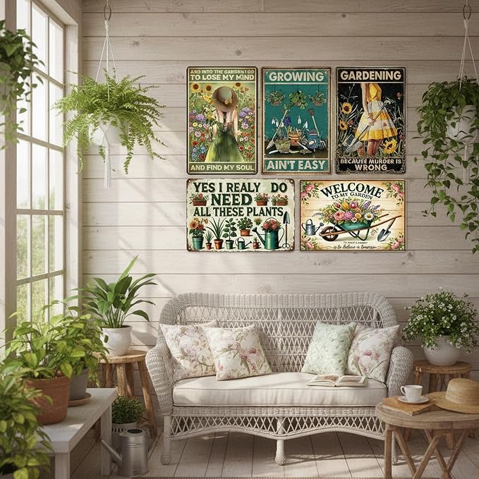 Vintage Metal Sign, Metal Wall Art, Funny Bar Signs, Motivational Positive Affirmations Wall Decor, Funny Tin Signs for Home Office School Gym & Locker Room 8x12 Inch (5Pcs Funny Metal Garden Sign)