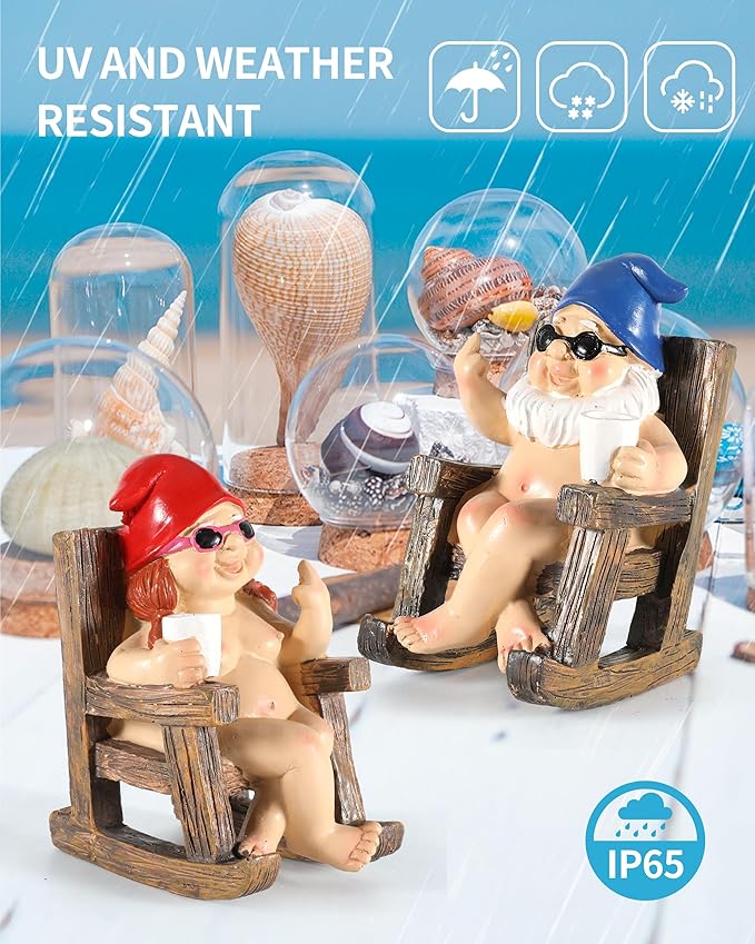 iStatue Funny Gnomes in Rocking Chair - 2 Pack Resin Middle Finger Decor Collectible Naked Gnome Figurines - Naughty Gifts for Garden, Home and Office