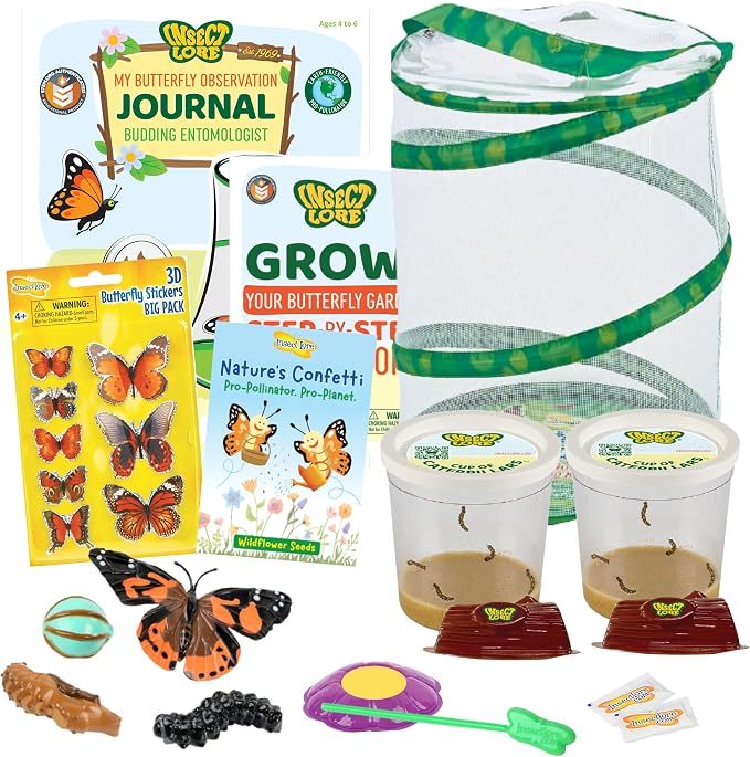 Insect Lore Butterfly Garden Kit with Live Caterpillars – Grow 10 Painted Lady Butterflies - STEM Learning Activity, Habitat with Journal, Stickers, Seeds & Figurines - As Seen on TV