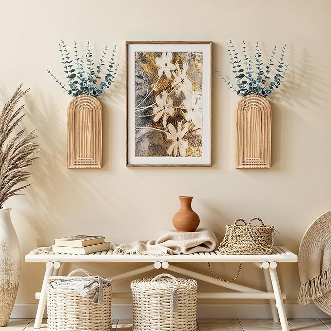 DREAMLOOM 2 Pack Wooden Wall Vases with Eucalyptus Artificial Plants, Wall Hanging Planters Boho Modern Farmhouse Indoor for Narrow Spaces Entryway Bathroom Home Office Decoration, Retro