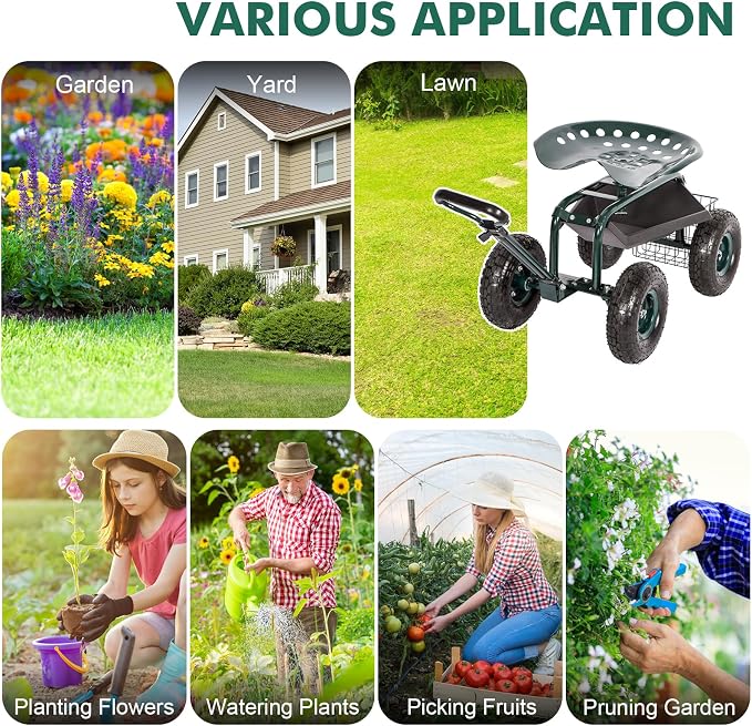 J-Sun-7 Garden Cart with Seat - Steel Rolling Garden Scooter Stool with Wheels, 360 Degree Swivel Work Seat, Adjustable Handle, Tool Tray, Basket, Gardening Stools for Seniors, Green