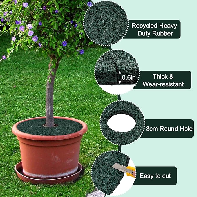 4pcs Double Side Rubber Tree Mulch Ring, 12In Heavy Duty Recycled Rubber Mulch Mat Natural Look Tree Root Protector Mat Reversible Round Tree Ring for Prevent Animal Dig, (Green Brown)
