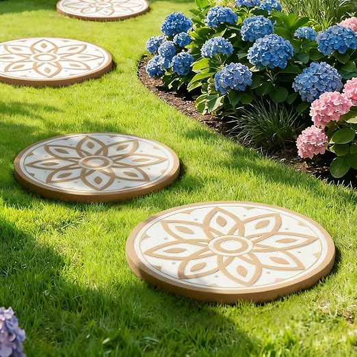 2 Pack Geometric Stepping Stones, 10” Round Cement Garden Path Stones, Mandala Mosaic Tile Design for Outdoor Patio Decor, Non-Slip & Weather-Resistant (Beige)