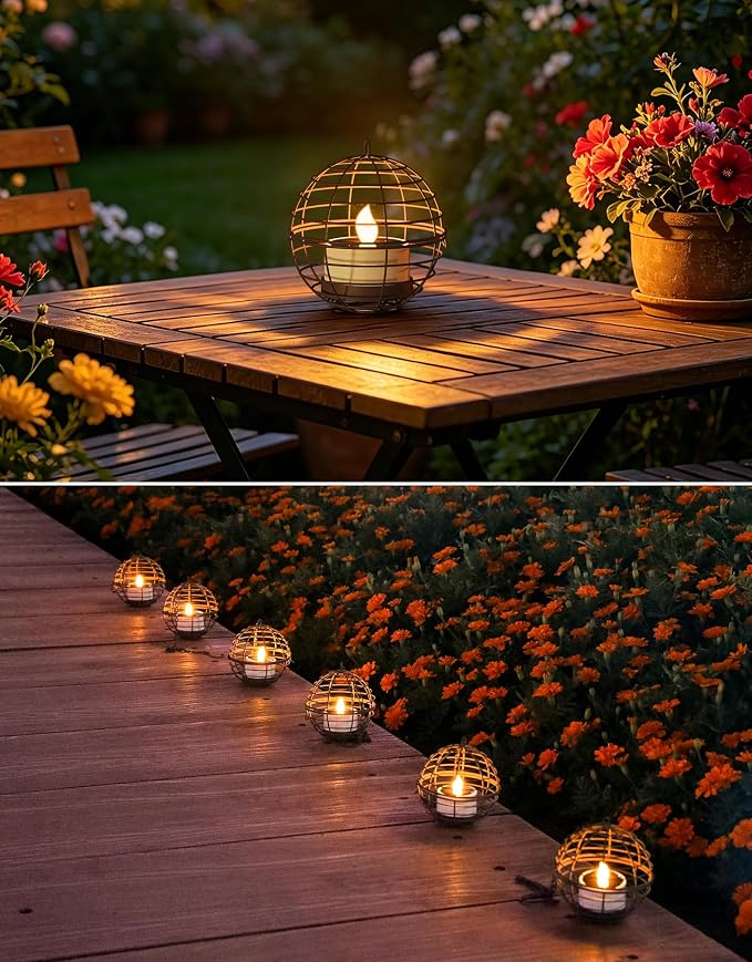Large Solar Lights Outdoor Hanging Lanterns 12 Pack, Rustic Iron 4.3" Ball Solar Tea Lights with Flickering Flame Candle, Waterproof Hanging Lights for Backyard Patio Garden Fence Tree Pergola Décor