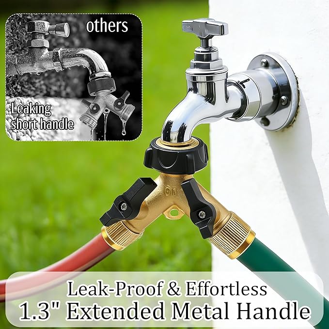 Hourleey 2 Pack Brass Garden Hose Splitter 2 Way, 3/4 Inch Hose Connector Tap Splitter, Hose Y Splitter, Hose Spigot Adapter 2 Valves with 4 Extra Rubber Washers