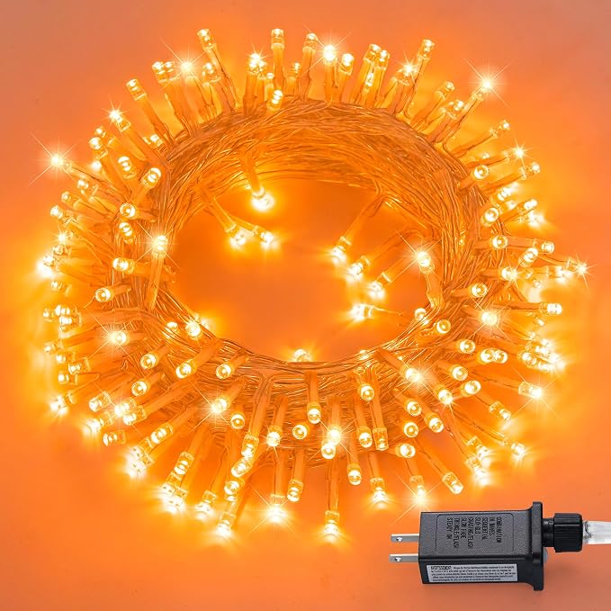 JMEXSUSS 300 LED Orange Halloween Lights Indoor Outdoor, Orange Christmas Lights Clear Wire Plug in for Fall Halloween Tree Decorations
