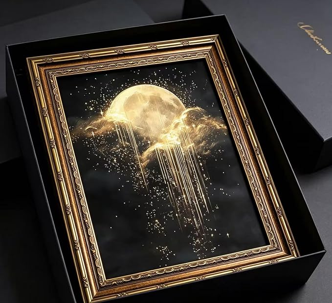 Vintage Gold Framed Golden Moon Celestial Wall Art,Moody Celestial Painting Canvas Print,Glittering Golden Rain & Sparkling Stars Wall Decor,Gothic Night Sky Stars Artwork,for Bedroom Living Room Bathroom
