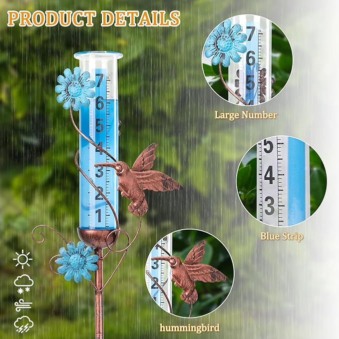 WONDER GARDEN Rain Gauge Outdoor, Decorative Rain Gauges Outdoors Best Rated with Hummingbird and Flower, Freeze Proof Water Rain Measure Gauge for Yard Patio Lawn Garden Decor