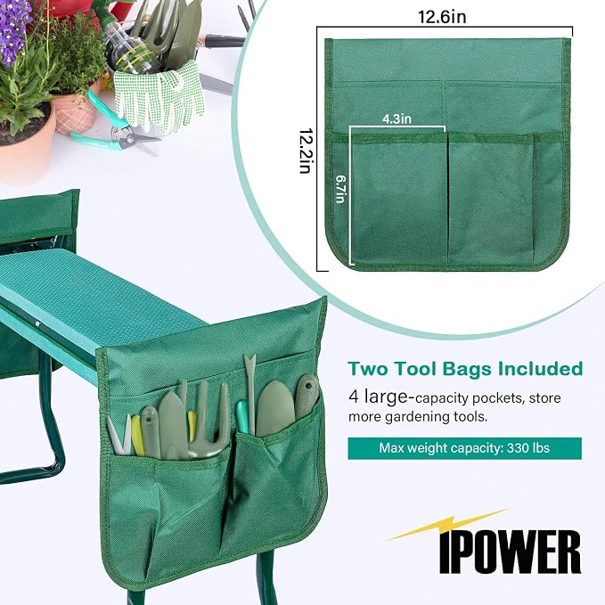 iPower Garden Kneeler and Seat with Sturdy Soft EVA Foam Pad, Foldable Kneeling Bench, 2 Tool Pouches Included, for Camping, Gardening, Fishing, Green