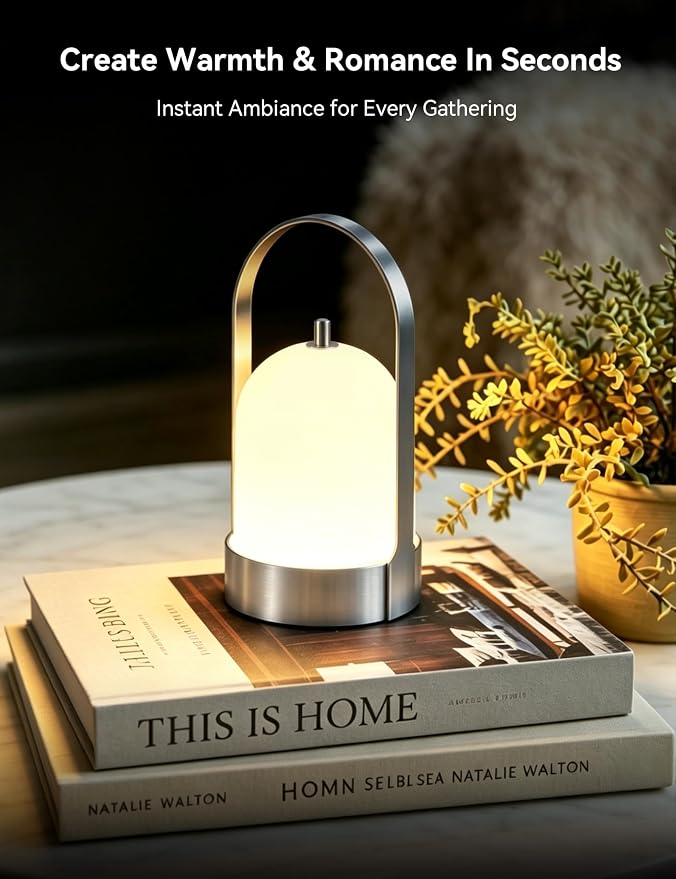 Tubicen Outdoor Table Lamp Portable Rechargeable Lamp Waterproof 4000mAh Battery Operated Lantern 4-Level Dimmable Cordless Touch Lamp for Bedroom Bathroom Patio Balcony Bar Camping Party, Nickel