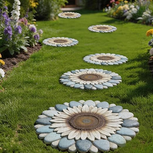 Sunflower Flower Cement Stepping Stones, 2 Pack, 10 Inch, Heavy Duty Non-Slip Outdoor Walkway Decor for Yard, Patio, Lawn