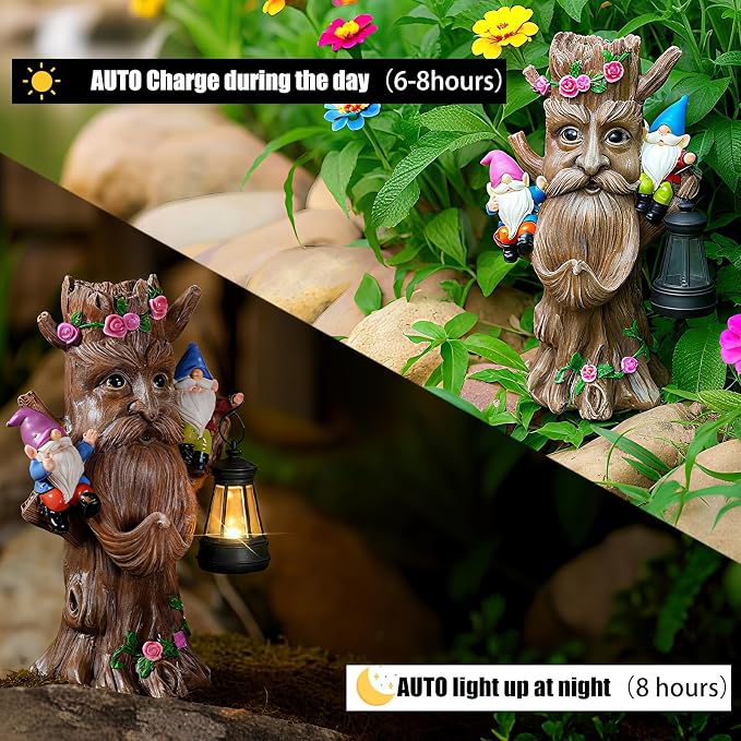 Joint Honglin Solar Tree Face Garden Statue with Lantern, Lighted Tree Gnome Garden Decor, Resin Forest Guardian Sculpture, Outdoor Waterproof Fairy Garden Decoration for Yard Lawn Patio Porch