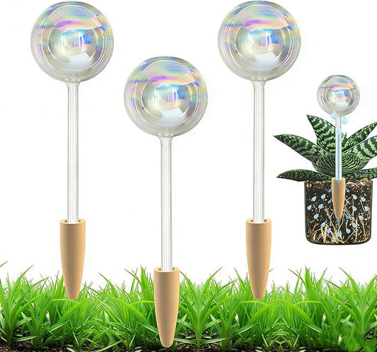 HyJeryty Non-Clogging Iridescent 3 Pack Ball Plant Watering Globes with Terracotta Spikes, Hand Blown Glass Self Watering Planter Insert Plant Watering Devices Bulbs for Indoor and Outdoor Plants