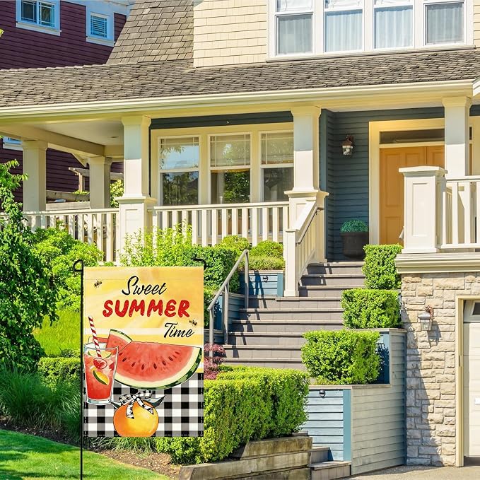 Sweet Summer Time Garden Flag, Buffalo Plaid Check Lemon House Yard Watermelon Bee Lemonade Outside Decoration, Seasonal Farmhouse Outdoor Small Burlap Decor Double Sided 12x18 Farmhouse Outdoor Yard Decoration