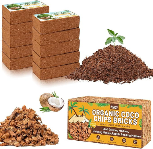 Legigo Pack of 10 Organic Coco Coir Bricks & 1.1 LB Coco Chips for Plants- Natural Compressed Coco Coir Brick Coconut Fiber Substrate for Planting & Gardening