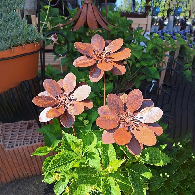 Rustic Metal Coneflower Garden Stakes, Set of 3, Rusted Iron Daisy Yard Art, 14x4 Inch, Weather-Resistant Lawn Pathway, Patio Decor (Brown)