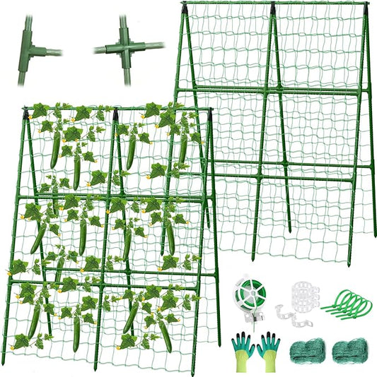 2 Packs Cucumber Trellis for Raised Beds, 31 X 47 Inch Adjustable Size A-Frame Garden Trellis for Climbing Plant Outdoors with Climbing Net and Plant Support Clip for Vegetable Grape Garden Supplies